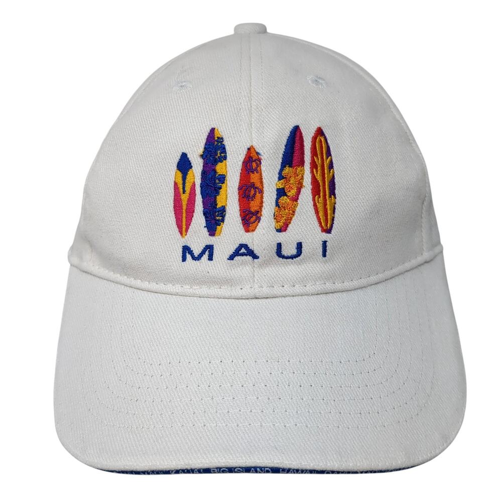 Maui Surfboard Strapback Baseball Hat White One Size Embroidered Hawaiian